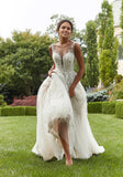 Elegant A-line Illusion Lace Wedding Gown with Beaded Botanical Embroidered Appliqués