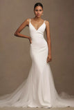 Crepe V-Neck Pearl A-Line Wedding Gown