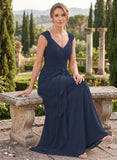 V-Neck Cap Sleeve Diamond Ruched Waistband Side Cascade Chiffon A-Line Mother of the Bride Dress