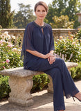 2-Piece Beaded Jewel Neck Batwing Sleeve Tiered Chiffon Pantsuit