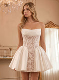 Strapless Ruched Lace Satin Boned Corset Lace-Up Back Fit and Flare Mini Dress