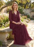 2-Piece V-Neck Cascade Ruffle Chiffon Mother of the Bride Dress with 3/4 Sleeve Jacket