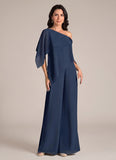 One Shoulder Draped Cape Chiffon Wide-Leg Jumpsuit for Mother of the Bride