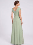 V-Neck Cap Sleeve Beaded Brooch Diagonal Ruched Sequin Panel A-Line Chiffon Mother of the Bride Dress
