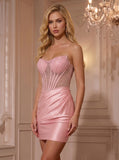 Strapless Sweetheart Rhinestone Illusion Corset Satin Homecoming Dress with Ruched Dress