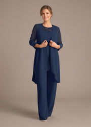 3-Piece Beaded Illusion Neck Chiffon Mother of the Bride Pant Suit with Jacket