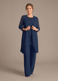 3-Piece Beaded Illusion Neck Chiffon Mother of the Bride Pant Suit with Jacket