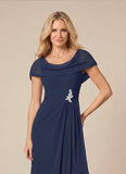 Scoop Neck Cowl Cape Sleeve Beaded Brooch Cascade Ruffle Mother of the Bride Dress with Side Slit
