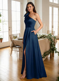 A-Line One Shoulder Stretch Satin Formal Dress with Bow