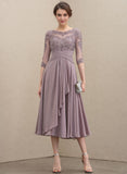 A-line Scoop Illusion Tea-Length Lace Chiffon Mother of the Bride Dress With Cascading Ruffles