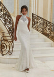Chantilly Lace Halter Wedding Gown Keyhole Back with Scalloped Edging