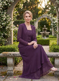 3-Piece Square Neck Beaded Floral Camisole Top, Long Sleeve Chiffon Jacket & Tiered Wide-Leg Pants Mother of the Bride Pantsuit