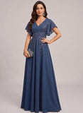 V-Neck Flutter Sleeve Sequin Floral Embroidered Chiffon A-Line Mother of the Bride Dress