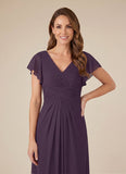 V-Neck Flutter Sleeve Ruched Waist Chiffon Tea Length Mother of the Bride Dress