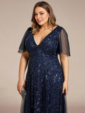 V Neck Ruffle Sleeves Sequin Maxi Long Evening Dress