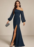 One Shoulder Lantern Sleeve Ruched Waist Side Slit Chiffon Evening Dress