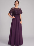 Illusion Scoop Neck Sequin Lace Cape Sleeve Ruched Waist Chiffon A-Line Mother of the Bride Dress
