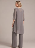 3-Piece Beaded Scoop Neck Scallop Lace Hem Sleeveless Top, 3/4 Sleeve Asymmetric Chiffon Jacket & Wide-Leg Pants Mother of the Bride Pantsuit