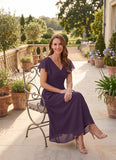 V-Neck Flutter Sleeve Ruched Waist Chiffon Tea Length Mother of the Bride Dress