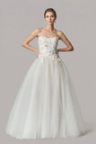 Strapless Floral Applique Tulle Wedding Dress with Chapel Train