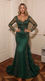 Long Sleeve Sweetheart Mermaid Evening Gown with Beaded Lace & Ruffle Train