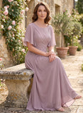 Bateau Neck Flutter Sleeve Floral Embroidered Chiffon A-Line Mother of the Bride Dress