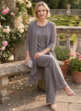 3-Piece Beaded Scoop Neck Scallop Lace Hem Sleeveless Top, 3/4 Sleeve Asymmetric Chiffon Jacket & Wide-Leg Pants Mother of the Bride Pantsuit