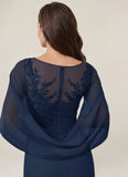 Bateau Neck Lace Applique Cape Sleeve Ruched Chiffon Mother of the Bride Dress