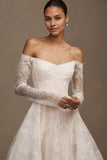 Lace Off-The-Shoulder Long-Sleeve Ball-Skirt Wedding Gown