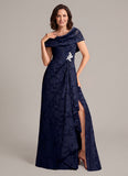 Cowl Neck Cap Sleeve Floral Jacquard A-Line Mother of the Bride Dress with Brooch & Side Slit