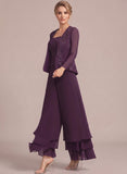 3-Piece Square Neck Beaded Floral Camisole Top, Long Sleeve Chiffon Jacket & Tiered Wide-Leg Pants Mother of the Bride Pantsuit