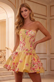 Strapless Floral Print Boned Corset Bubble Skirt Homecoming Dress