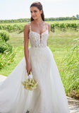 3D Floral Appliqués Spaghetti Straps A-Line Wedding Gown