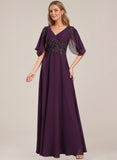 V-Neck Flutter Sleeve Sequin Floral Applique Empire Waist A-Line Chiffon Mother of the Bride Dress