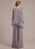 2-Piece Boat Neck 3/4 Sleeve Beaded Shoulder Asymmetric Tiered Chiffon Pantsuit