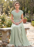 V-Neck Cap Sleeve Beaded Brooch Diagonal Ruched Sequin Panel A-Line Chiffon Mother of the Bride Dress