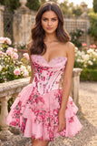 Strapless Sweetheart Floral Corset Homecoming Dress with Tiered Ruffle Dress