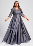 Plus Size A-line Scoop Illusion Floor-Length Satin Lace Mother of the Bride Dress With Sequins Bow