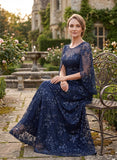 Illusion Scoop Neck Split Cape Sleeve Allover Sequin Floral Lace A-Line Mother of the Bride Dress