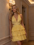 Deep V Halter Neck Sequin Cutout Homecoming Dress with Tiered Ruffle Dress