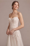 Spaghetti Strap Sweetheart 3D Floral & Vine Applique Tulle Wedding Dress with Train