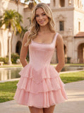 Square Neck Pearl Strap Corset Chiffon Homecoming Dress with Tiered Ruffle Dress & Pockets