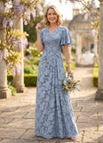 V-Neck Flutter Sleeve Floral Jacquard A-Line Mother of the Bride Dress