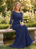 Bateau Neck 3/4 Illusion Lace Sleeve Ruched Sheath Mother of the Bride Dress