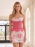 Strapless Floral Print Lace Boned Corset Peplum Hem Mini Dress