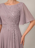 Bateau Neck Flutter Sleeve Floral Embroidered Chiffon A-Line Mother of the Bride Dress