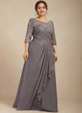 A-line Scoop Illusion Floor-Length Lace Chiffon Mother of the Bride Dress With Cascading Ruffles