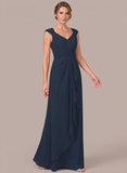 V-Neck Cap Sleeve Diamond Ruched Waistband Side Cascade Chiffon A-Line Mother of the Bride Dress