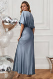 Flutter Sleeve Deep-V Satin Maxi Bridesmaid Dress