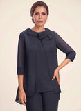 2-Piece Bow Collar 3/4 Sleeve Asymmetric Hem Chiffon Mother of the Bride Pantsuit